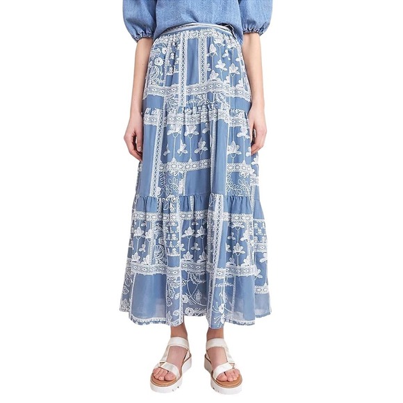Maeve Dresses & Skirts - Maeve Anthropologie Ariadne Blue Embroidered Maxi Skirt Chambray Tiered Medium